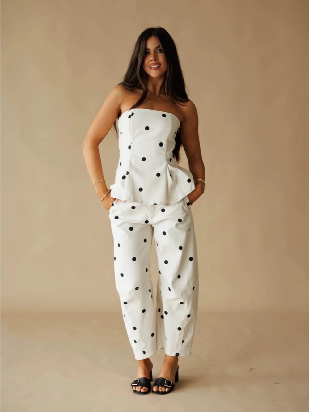 White Polka Dot Strapless/Barrel jeans Matching Set